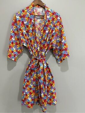 Vintage 90s Pillow Walks Floral Housecoat Robe Pansy Print Made USA